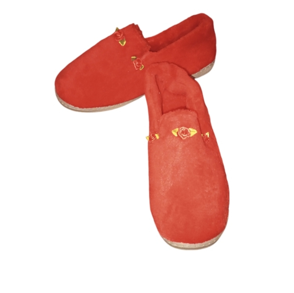 Vintage Daniel Green Red Plush Slippers Ribbon Flower Rose Rosette House Shoes